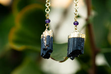 Load image into Gallery viewer, Raw Black Tourmaline &amp; Amethyst Earrings
